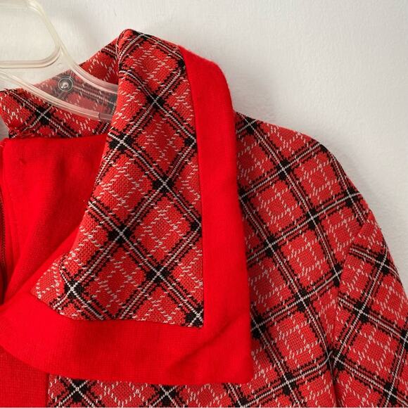 Vintage 1970s Red Plaid Butterfly Collar Dress Made USA Union Label Union Large - Picture 2 of 11
